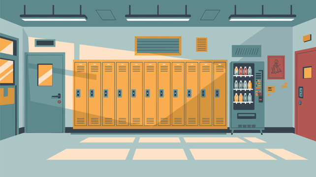 Sunny school hallway interior shows a long row of yellow lockers, a vending machine, and doors under the bright light from ceiling fixtures.
