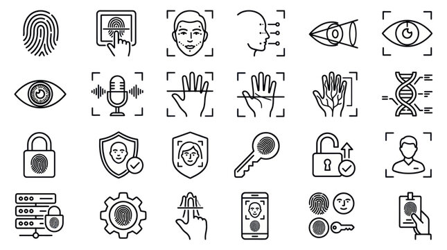 Digital identity verification and forensic biometric line icons.