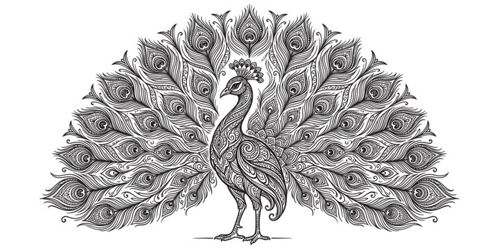 Decorative peacock bird illustration with detailed feathers.