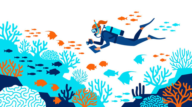 A diver exploring a coral reef underwater.