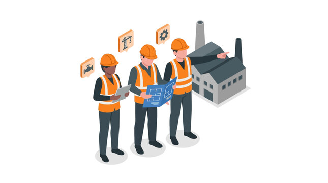 Construction workers and engineers planning industrial project isometric illustration