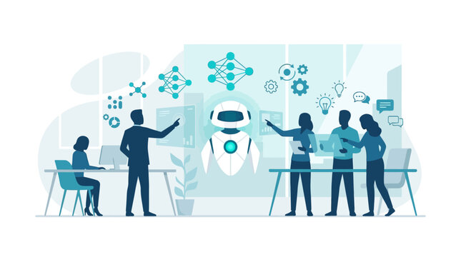Illustration of human team collaborating with artificial intelligence