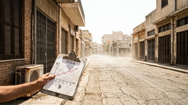 Sun-baked downtown streets shimmer in extreme heat, with a digital thermometer, cracked pavement, and shuttered shopfronts under a white sky. A red energy-cost chart on a clipboard and idle air