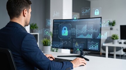 Fototapeta premium IT specialist monitoring cybersecurity data on computer screen with floating lock icons and financial graphs, network protection concept, digital security analysis
