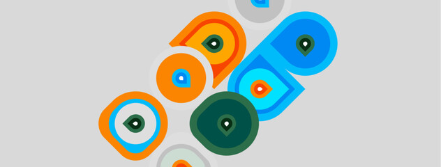 Fototapeta premium Abstract colorful circles, overlapping shapes create modern design. Bright hues contrast against light gray background. Simple geometry.
