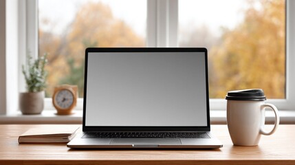 Fototapeta premium Cozy autumn workspace setup with laptop, coffee, and plant by the window
