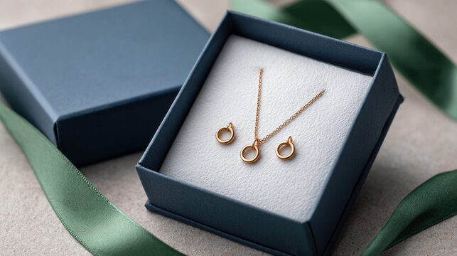 Elegant gold circle pendant necklace and matching earrings presented in a blue gift box