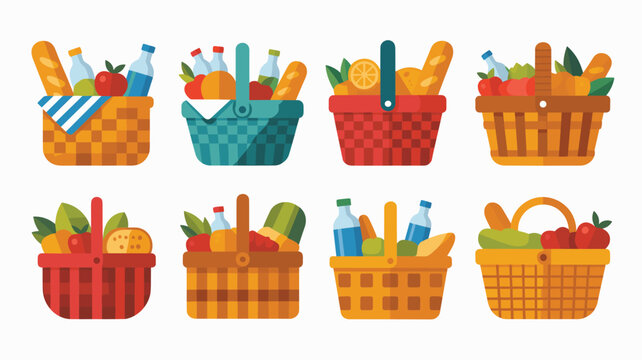 Set of eight different picnic baskets filled with various food items like bread, fruit, and wine for an outdoor summer meal.
