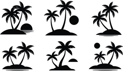 Tropical island palm tree silhouettes collection, beach paradise vector icon set for summer travel and vacation themes © Majnur