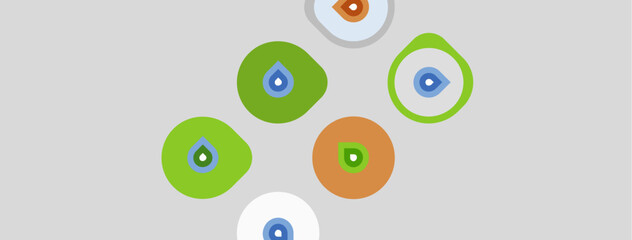 Fototapeta premium Abstract circles, varying colors, contain droplet icons. Simple design, light gray background. Minimalist aesthetic, clean presentation.