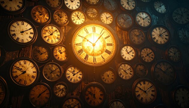 A wall of antique clocks, one illuminated centrally, creates a dramatic time-telling scene