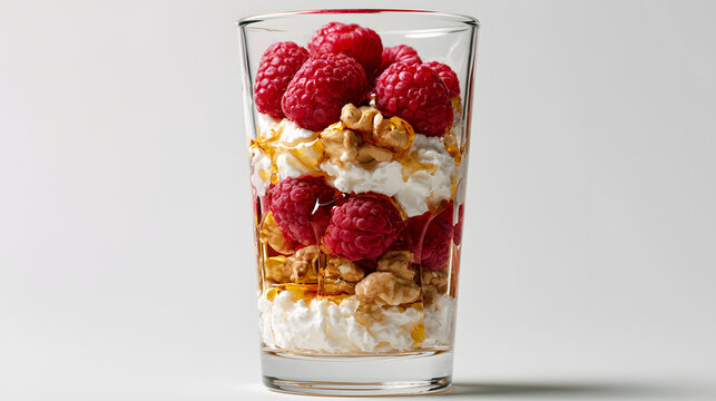 A tall glass layered with fresh raspberries, cottage cheese, walnuts, and a drizzle of honey. Delicious high-protein yogurt parfaits style dessert isolated on a white background