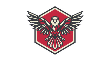 Fototapeta premium Stylized eagle logo design with spread wings in a red hexagon frame.