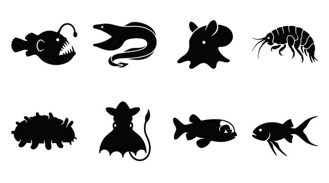 Silhouettes of various sea creatures.