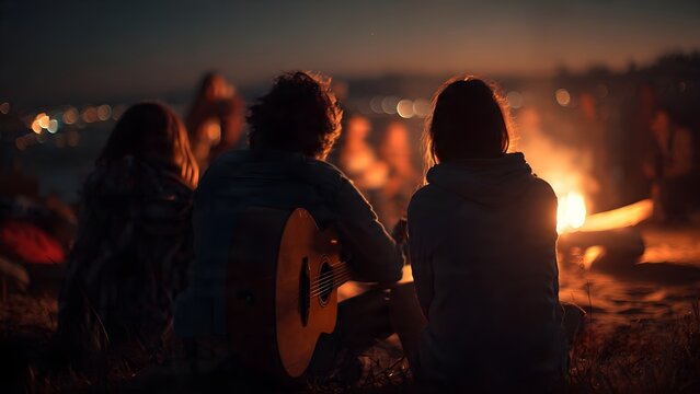 Back view of a young couple sitting together on the grass by a beach bonfire at night, playing acoustic guitar and singing during a cozy summer gathering with blurred city bokeh background.