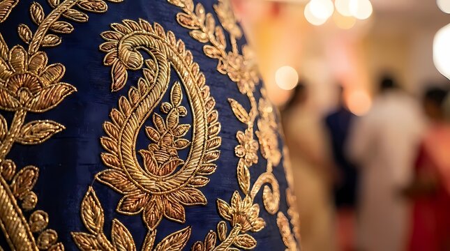 Gold paisley embroidery detail on blue ethnic fabric.