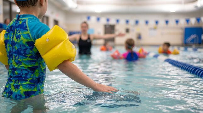 Toddler in blue patterned swimwear, wearing yellow inflatable arm water wings, wading inside indoor swimming pool, aquatic recreation center facility, lifestyle photography