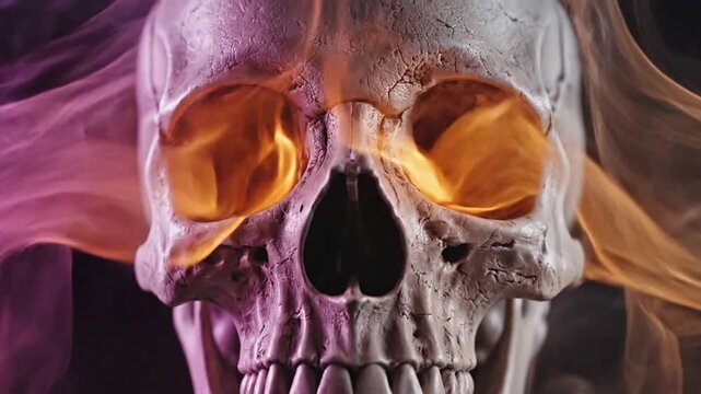 A close-up view of a human skull with glowing orange eyes surrounded by purple smoke on a dark background.