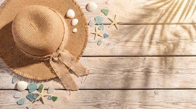 Straw sun hat with burlap ribbon, surrounded by starfish and seashells, lying on white weathered wooden planks, tropical beach holiday resort layout with palm shadows, still life photography