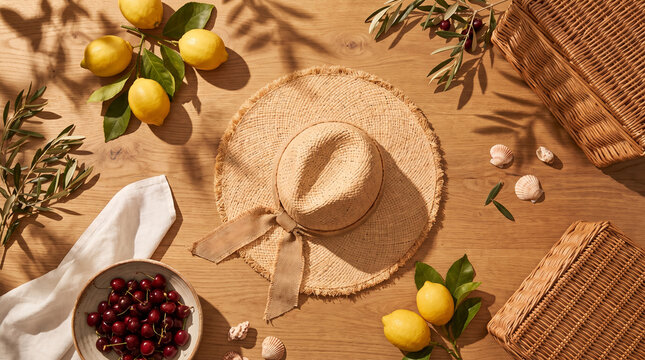 Woven raffia hat with canvas bow, encircled by fresh lemons and cherries, arranged on smooth natural timber surface, Mediterranean summer picnic table display, still life photography