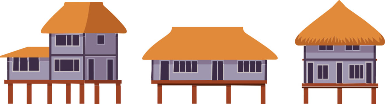 Traditional stilt houses collection, rural village architecture vector illustration set featuring elevated wooden homes with tropical design