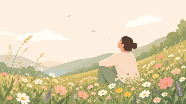 Young Woman Sitting in Blooming Meadow Gazing at Distant Hills and Sky, Serene Nature Landscape Illustration for Wellness and Lifestyle Concepts