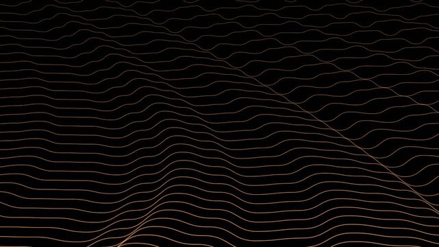 Digital wave lines looping on black background. Shining illuminated lines gently luxury waving. Gradient wavy line with wave grid lines motion. Many bright lines are dancing across the dark screen.