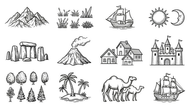 Hand drawn sketch set of vintage landscape elements including mountains volcano castle ships and nature symbols for map design