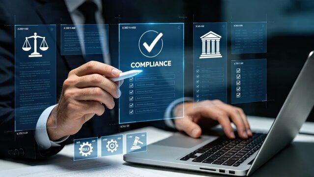Corporate professional checking compliance regulations and legal rules on a futuristic holographic screen overlaying a laptop keyboard in an office.