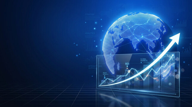 Digital business data visualization featuring a glowing blue dotted world globe and a white upward arrow on a transparent glass screen with financial charts and ROI statistics.
