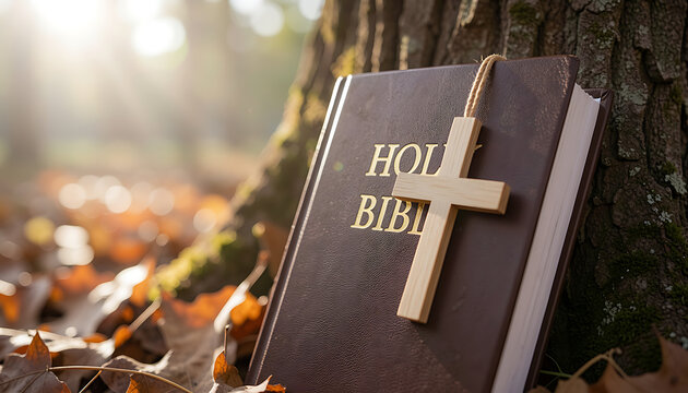 Holy Bible with wooden cross leaning against a tree trunk in autumn