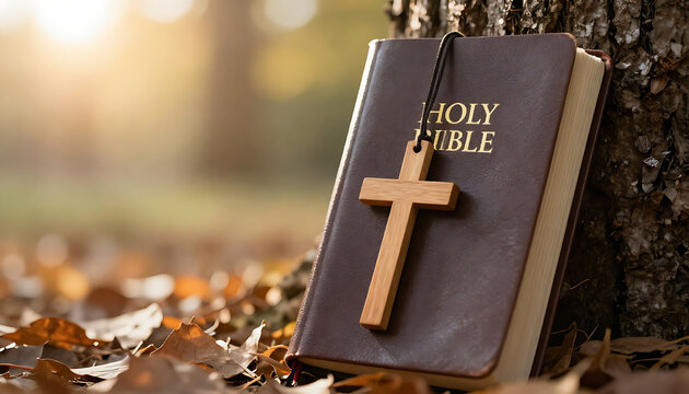 Christian holy bible with a wooden cross necklace in autumn forest