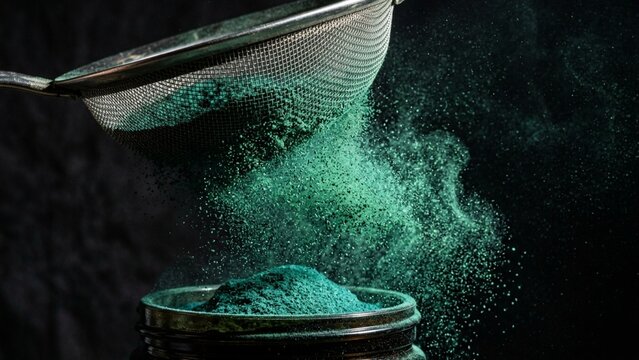 Green spirulina superfood powder sifted through metal strainer into container with moody dark studio lighting