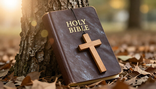 Spiritual christian cross and bible on dry autumn leaves outdoors