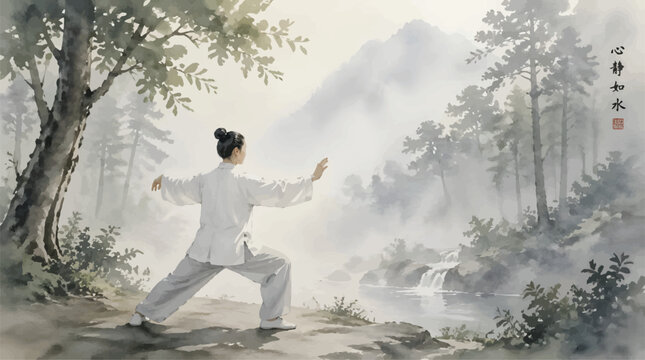 Woman practicing Tai Chi in serene misty forest landscape with waterfall and mountains, promoting wellness and mindful movement for healthy lifestyle.