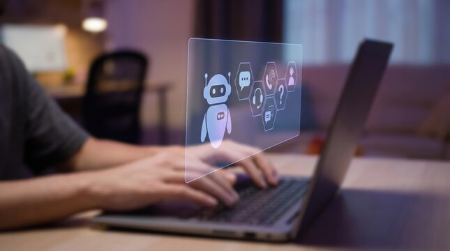 AI Customer Support Interface: Virtual Chat Stream, Automated Chatbot Assistant Operation, and Digital Robot Conversation Analytics Using Laptop Computer in Modern Blurred Office Workspace Environment
