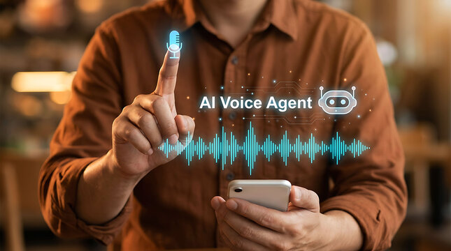 Man using AI voice agent assistant technology on smartphone app interface