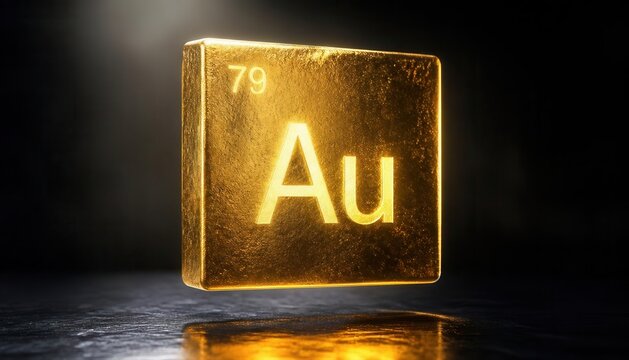 Glowing golden gold element periodic table symbol au 79 block with periodic chemistry precious metallic material investment industry laboratory discovery industrial resource valuable