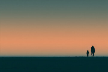 Fototapeta premium Parent and child silhouettes walking on horizon at sunset
