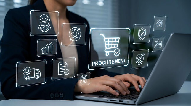 Businesswoman using laptop for online procurement and supply chain management