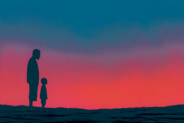 Obraz premium Silhouette of father and child standing at sunset outdoors