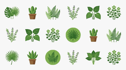 Clean Flat Set of 20 Indoor Houseplants and Botanical Elements in Green and Brown Tones with high quality professional line art symbols for modern creative design and digital branding projects © ridwan