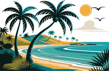 Tropical beach landscape with palm trees, colorful coastal nature vector illustration for summer travel tourism destination artwork © Majnur