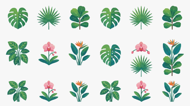 Clean Flat Set of Tropical Houseplants and Flowers in Green Pink and Orange Shades with high quality professional line art symbols for modern creative design and digital branding projects