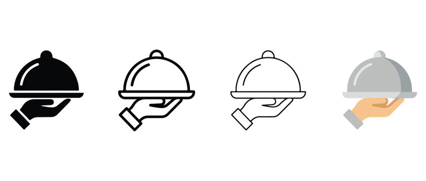 showing a hand holding a covered serving dish in various shades and line styles for food presentation and service