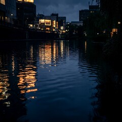 Fototapeta premium City buildings reflecting in calm river at night.