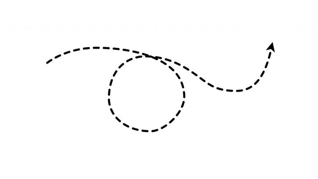 Animated black hand drawn dotted arrow growing upward in curved path on transparent background with alpha channel