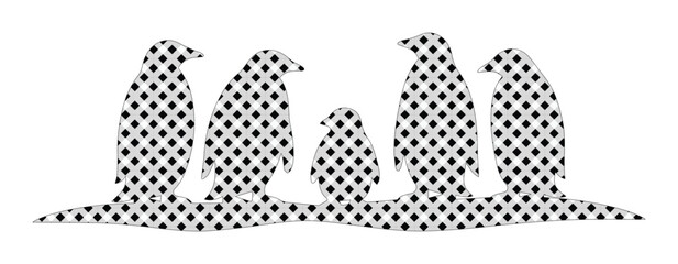 Stylized black and white penguin family vector illustration. Abstract dotted pattern arctic birds, a group of five penguins on an ice floe, minimalist animal graphic for winter designs. © Carter