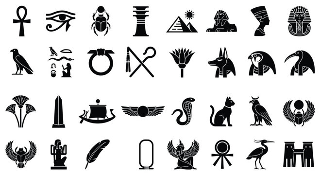 Comprehensive set of black silhouette icons featuring Ancient Egyptian symbols such as the Ankh, Eye of Horus, scarab beetle, pyramids, Sphinx, Nefertiti, Pharaoh mask, and Anubis.