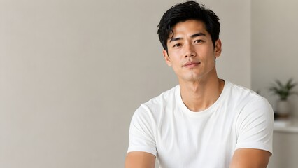 Obraz premium Portrait of a young charming Asian man wearing a clean white t-shirt sitting and looking at camera against a simple minimal background with copy space.